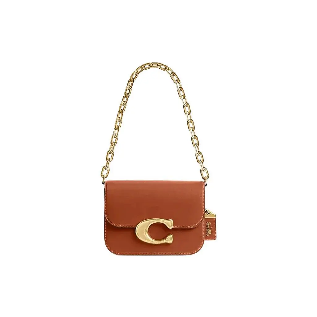 Coach Idol 21 Crossbody Bag for Women – Gold Logo Chain Magnetic Flap Closure, Brown Leather Messenger Bag
