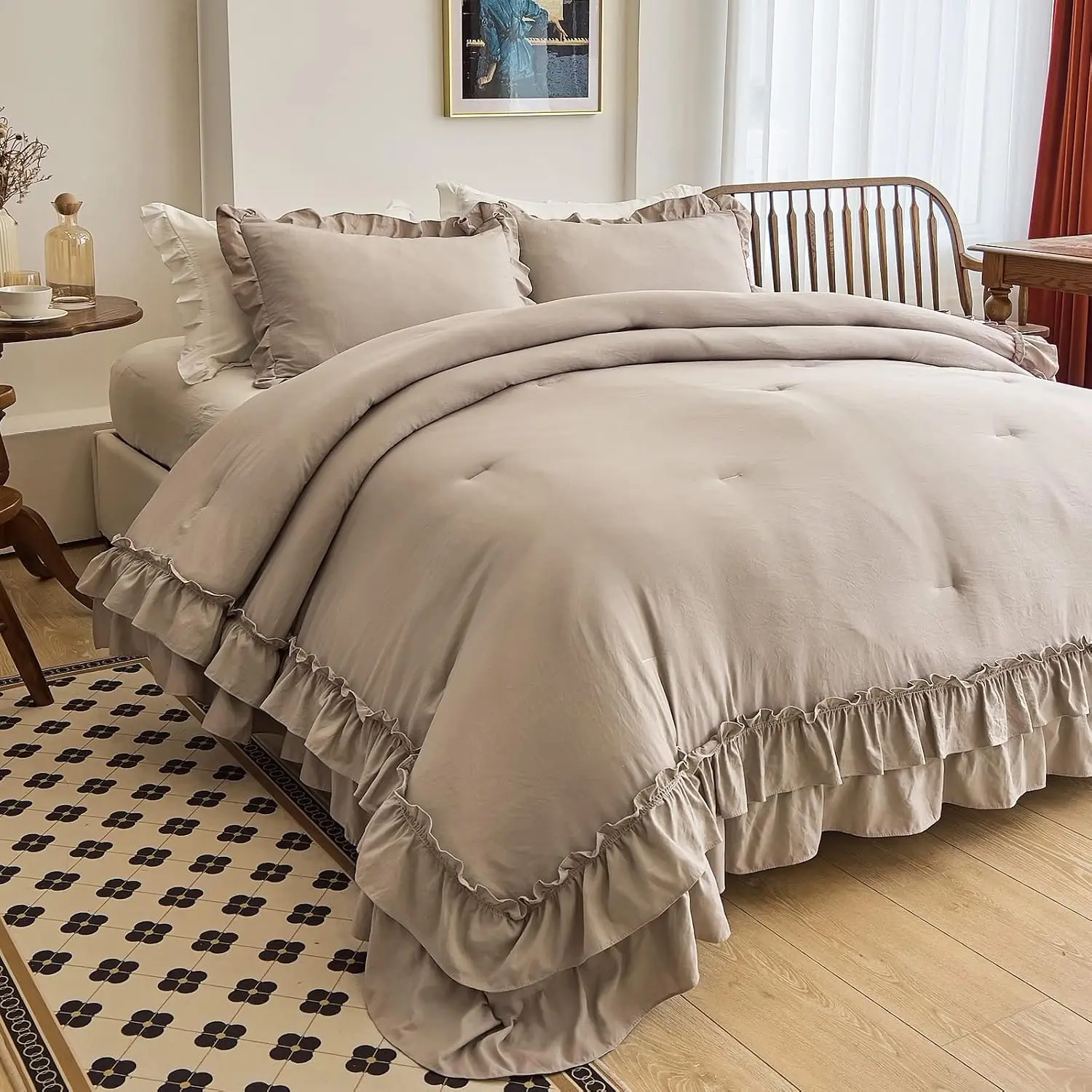 Taupe Comforters Queen Size Set, Vintage Boho Chic Farmhouse Bedding Sets Shabby Ruffle Queen Bed Comforter Bedding 3PCS1 Comforter and 2 Pillowcases