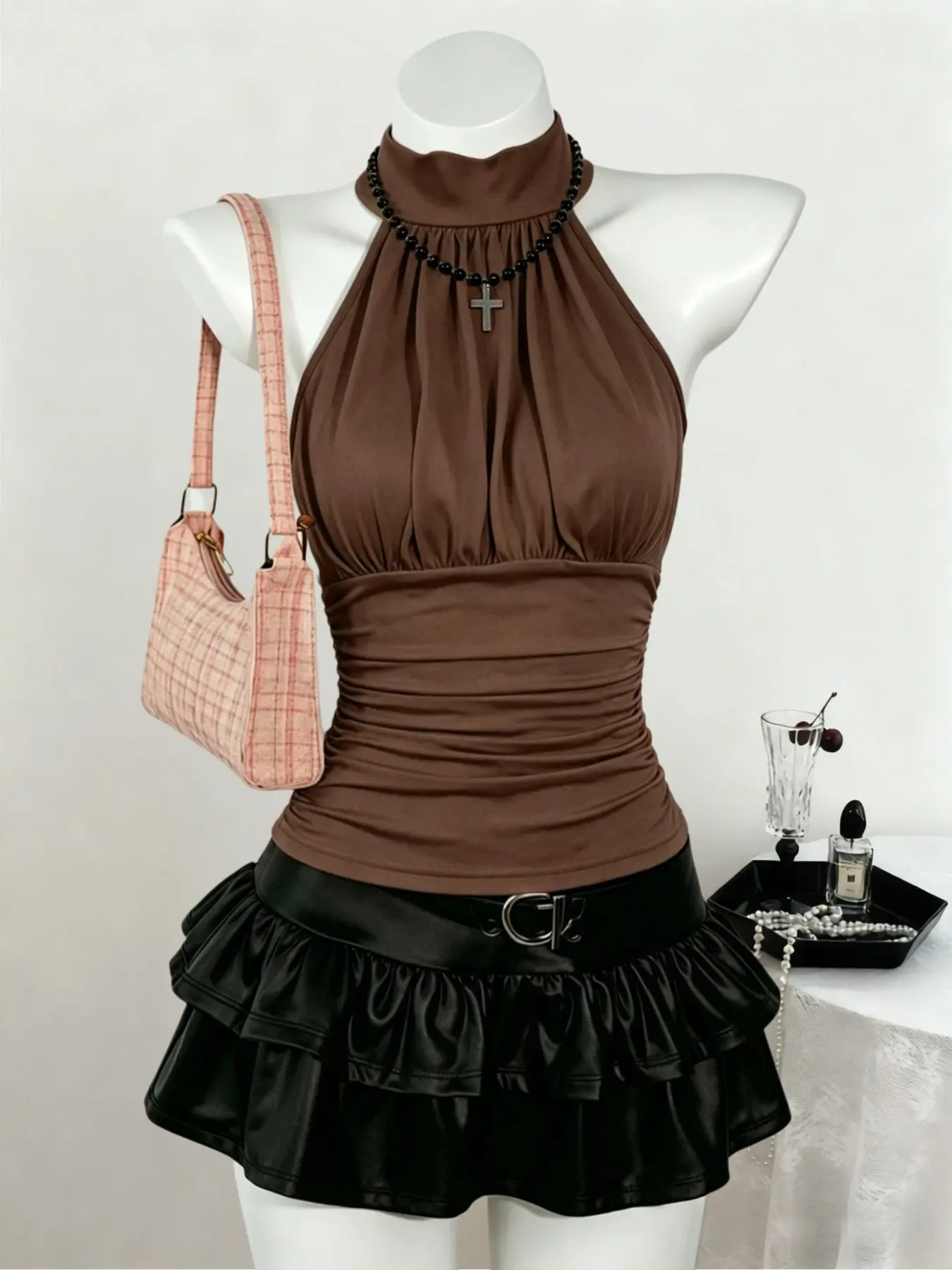 Korean Style Soft Solid Color High Neck Halter Top, Chest Pleat Side Ruched Slim Fit Sleeveless Tank Vest, Choose 1/3 Pieces
