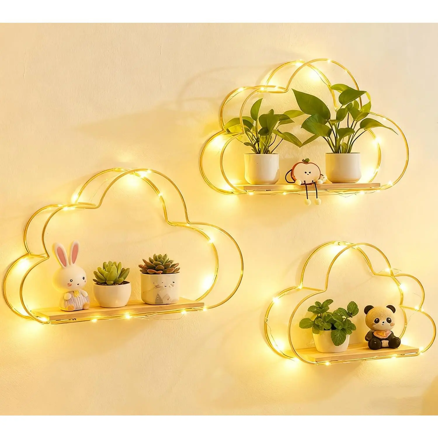 Floating Cloud Shelves for Wall 3 Pack, Mini Cute Floating Shelves with LED Lights for Kids Room Decor, Hanging Display Wall Shelf for Bedroom Kitchen Living Room Decor