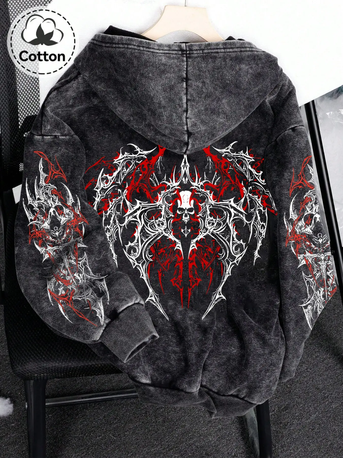 New Men's Zipper Open Front Sweatshirt, Gothic Graphic Print Hooded Sweatshirt, Spring & Fall Fashion Cotton Hoodie, Casual Loose Fit Top