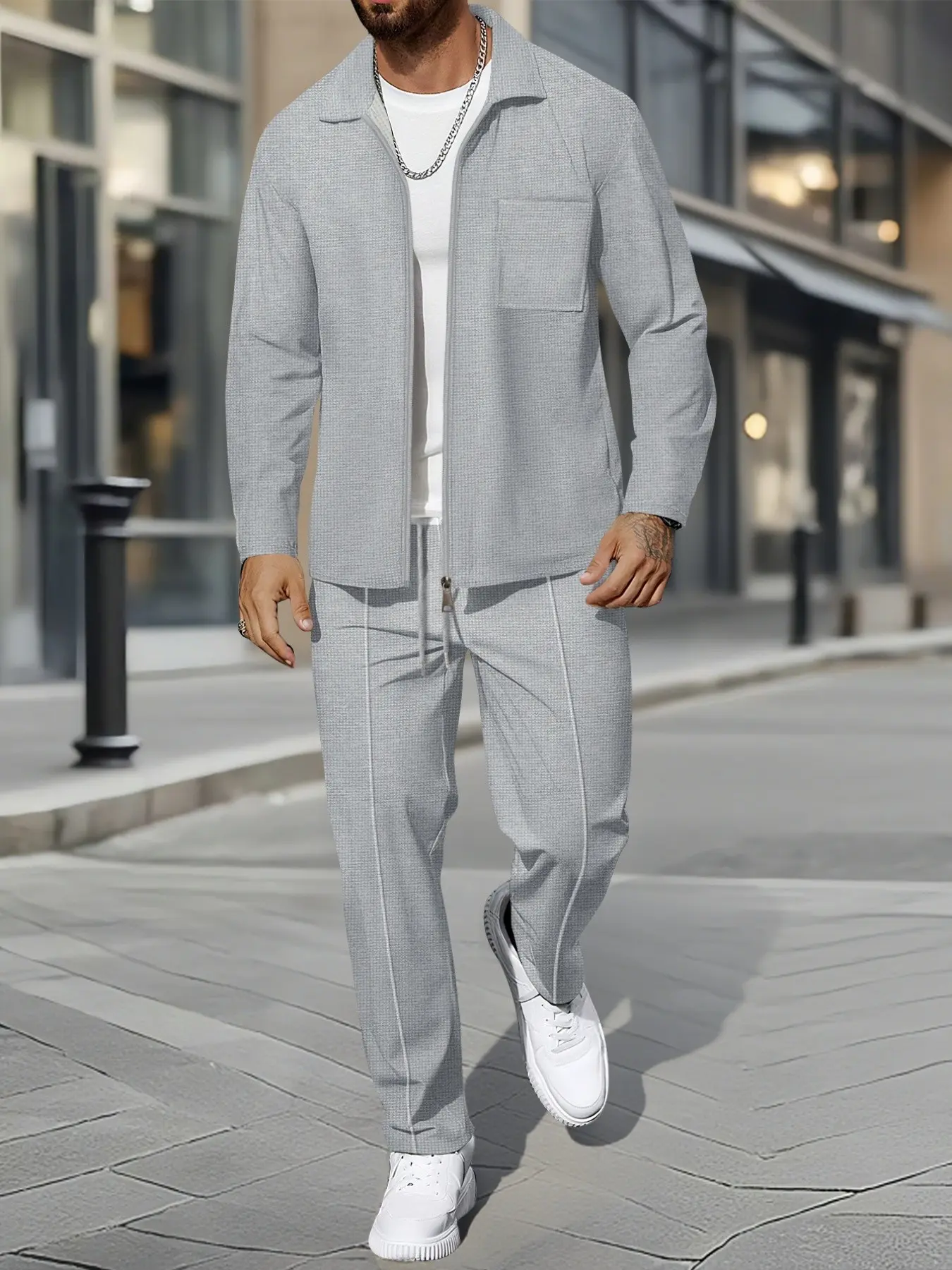 Men's Waffle Knit Two-Piece Set, Lapel Full Zip Jacket with Chest Pocket, Drawstring Straight Leg Pants, Casual Streetwear