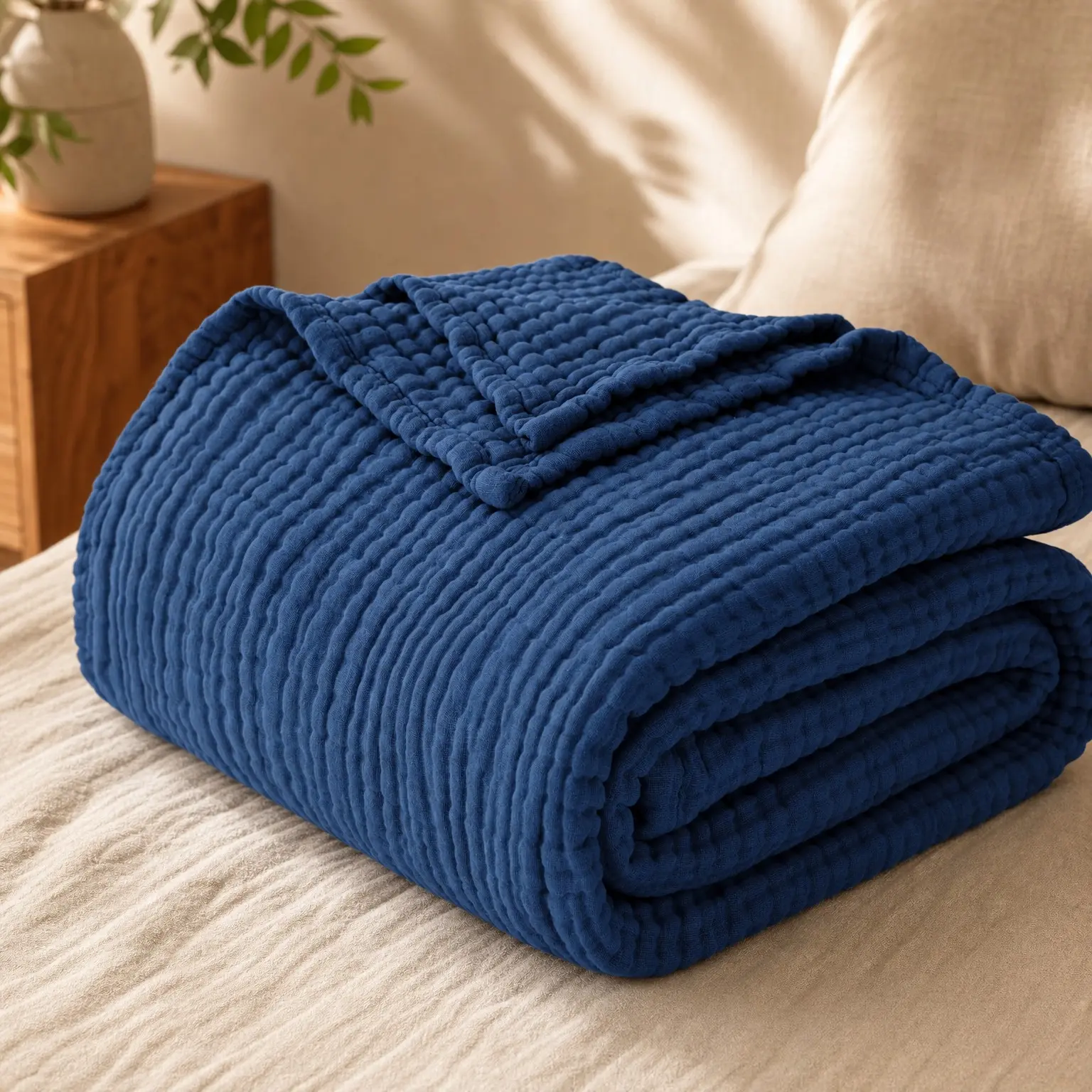 100% Cotton Muslin Blanket, 6 Layer Lightweight Breathable Gauze Throw Blanket 50 x 60 Inches, Soft All Season Blanket for Couch, Bed, Sofa, Dark BlueGift