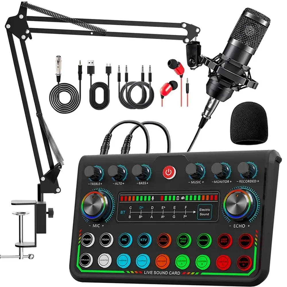 Professional Podcast Equipment Set, Bluetooth-compatible Live Sound Card Mixer, Bm-800 Condenser Microphone Kit, Recording Kit, for PC/laptop/mobile, Music, Singing, Streaming, Dj