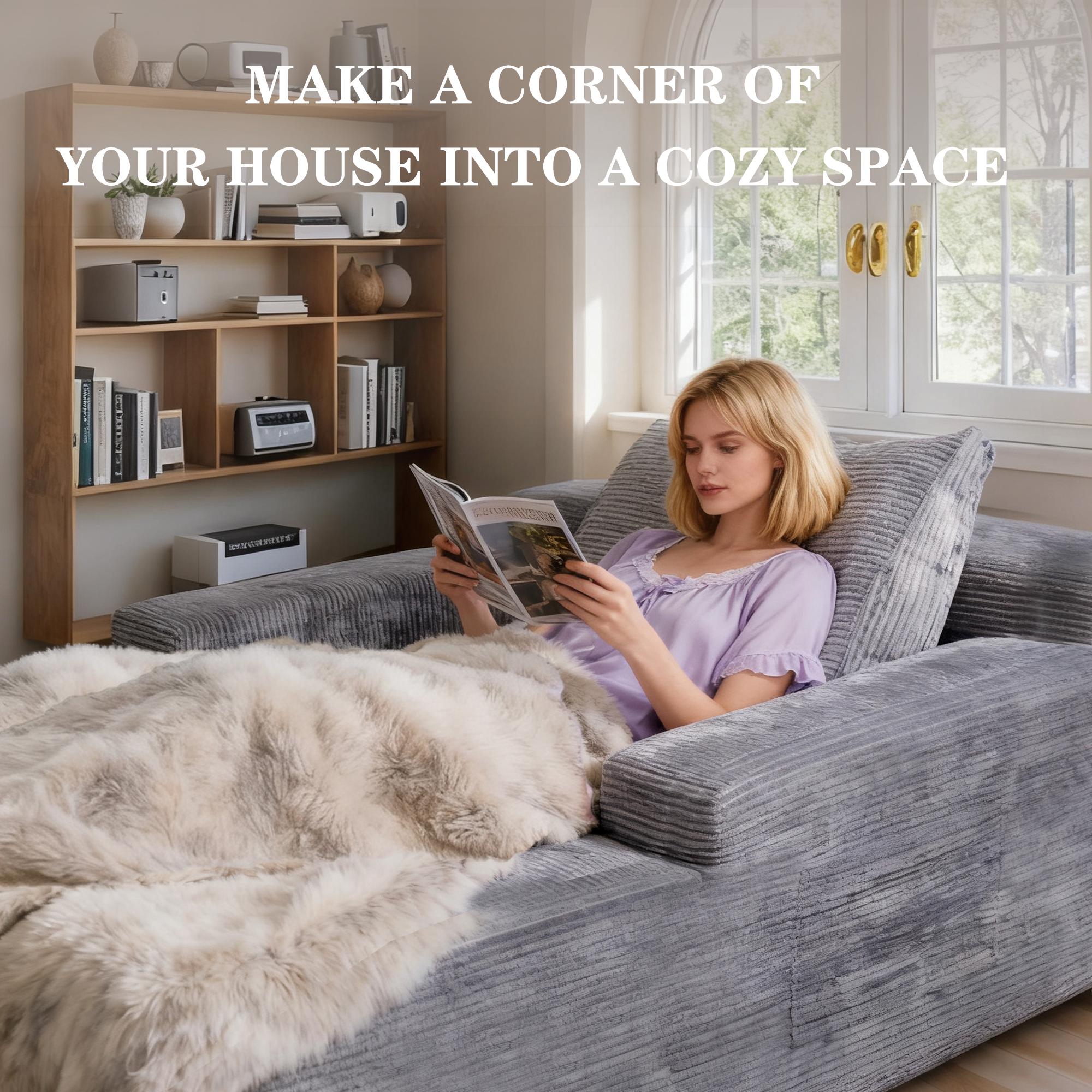 Modern L-Shaped Sectional Sofa with Chaise, Grey Corduroy Couch, Storage Pouches, Throw Pillows