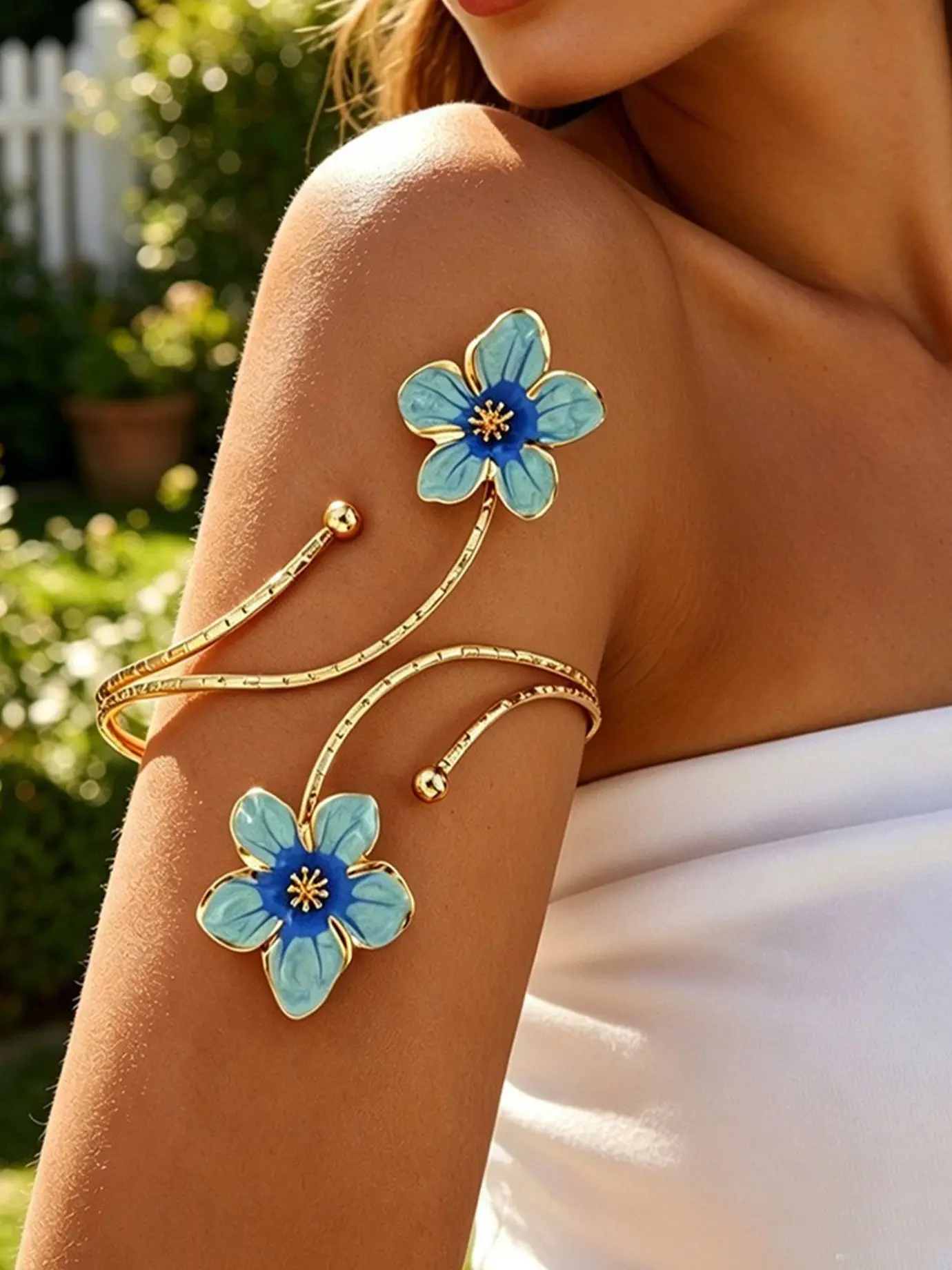 Blue Bangle Bracelet, Adjustable Spiral Design, Floral Accent, Fashion Jewelry for Women, Boho Style, All Seasons Accessory