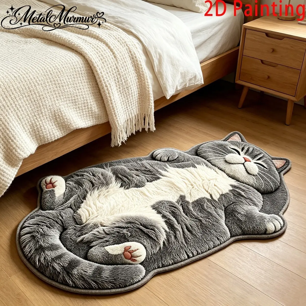 [2D Flat] Thin velvet 3D effect, non-plush, simulated cute pet wind lying on its back gray and white short cat bedroom bedside plush special-shaped carpet cure lazy wind gray and white color scheme cat lying on its back living room sofa area carpet soft
