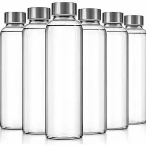 Clear Glass Bottles with Lids, 18oz Resuable Glass Water Bottles  Juicing with Stainless Steel Cap to store Milk, Smoothie, etc., 100% Leak Proof, Durable and Dishwasher Safe (Set of 6)