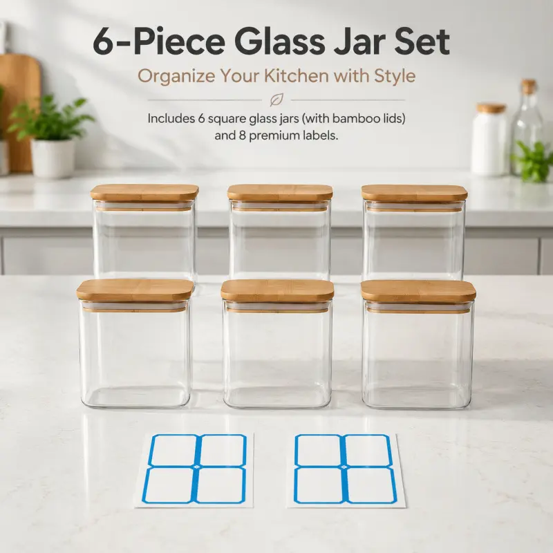 6 Pack Square Glass Storage Jars With Airtight Bamboo Lids Includes 8 Blank Labels Clear Pantry Organizer Canisters For Coffee Flour Sugar Spices Dry Food Kitchen Countertop Storage Containers Airtight Container Set