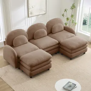 Aobtkel  Teddy Fabric Cloud-like 3-Seat Living Room Couch, Curved Backrest & Armrest with Curved Lumbar Pillows, Modular Sectional Sofa with 2 Movable Ottomans & Supportive Double-layer Cushions, Camel (Couch for Living Room) folding modern boneless