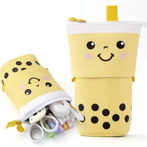 Cute Pencil Case Standing Pen Holder Telescopic Makeup Pouch Pop Up Cosmetics Bag with Kawaii Smile Face Stationery case Office Organizer Box for Girls Students Women Adult