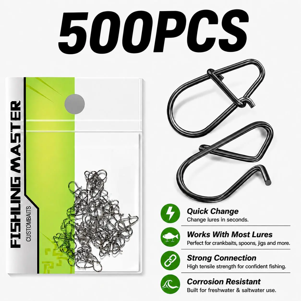 500PCS Fishing lure snap connector，Fishing Clips, Duo Lock Snaps, Quick Change Lure Connectors, Black Nickel Finish, 5 Sizes (#00-#3), Saltwater Freshwater Fishing bait