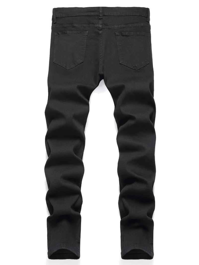 Men's Solid Color Ripped Skinny Jeans, Casual Comfy Denim Pants for Daily Wear, Fashion Men's Bottoms for All Seasons, Cotton