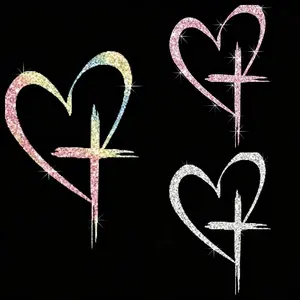 3pcs Sparkling Heart And Cross Car Sticker Waterproof Christian Faith Vinyl Decal For Vehicle Window Bumper And Laptop Decor