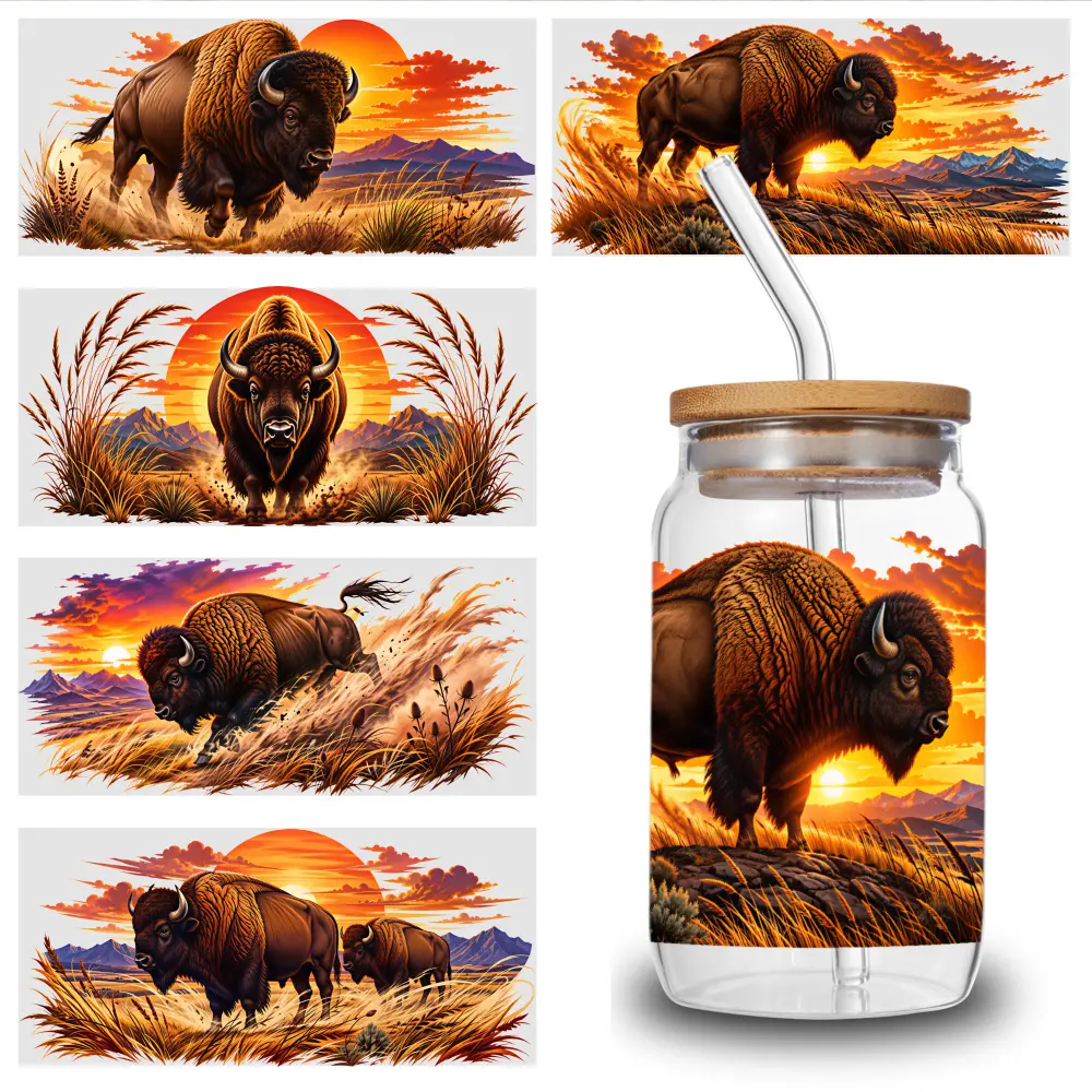 5 Sheets Bison Sunset UV DTF Stickers UV DTF Cup Wraps Stickers - for 16 Ounce Libbey Cups - Animal Crystal Label - Waterproof And Scratch Resistant Sticker - DIY Sticker for Glass Cups And Bottles