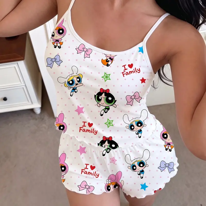 Summer Women's Pajama Set, Casual Sleeveless Spaghetti Printed Sleepwear, Comfortable Above-The-Knee Design, Random Print Home, 2-Piece Set