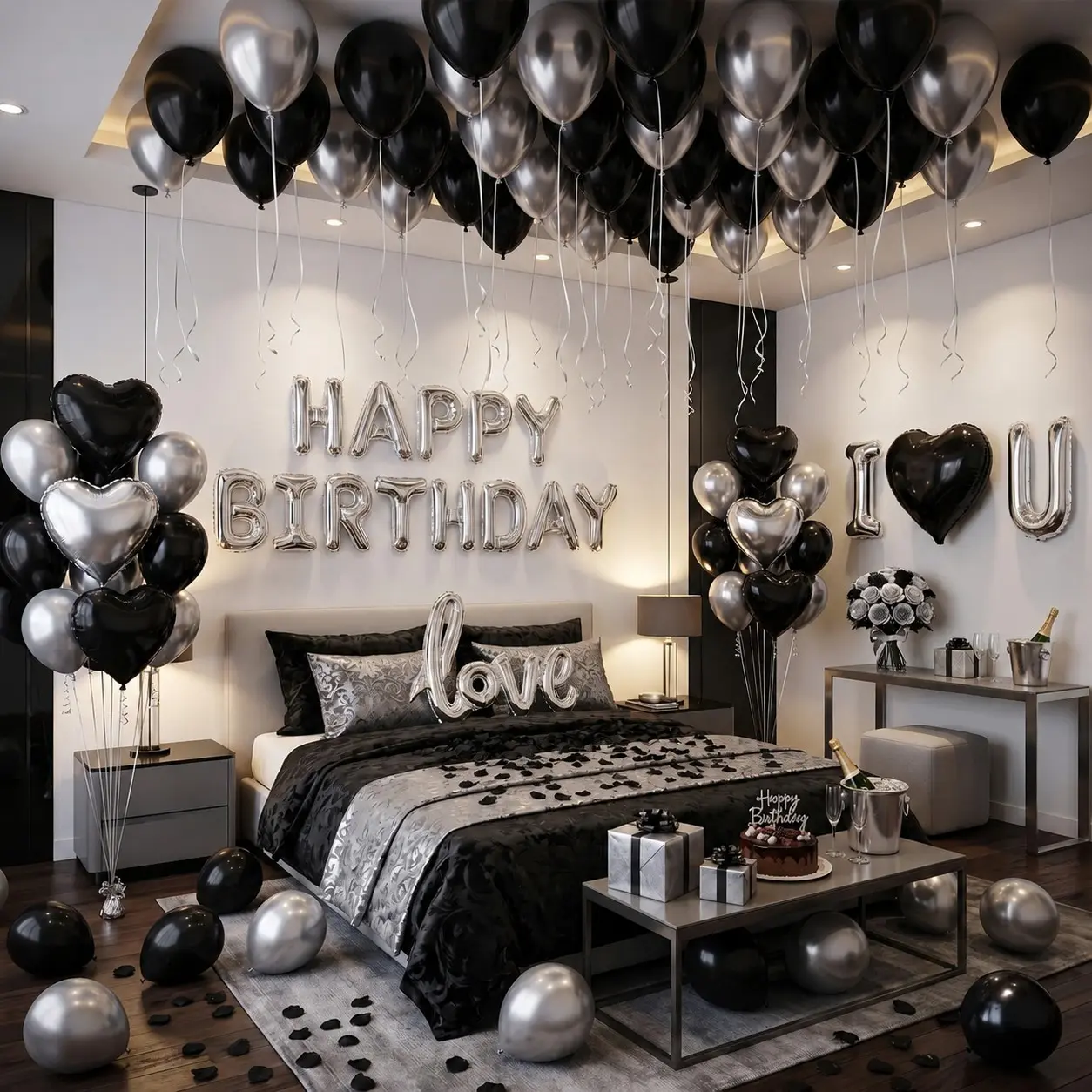 Black Silver Birthday Decorations for Him, Hotel Birthday Surprise Room Decor with LOVE Foil Balloon, Happy Birthday Letter Balloons & Black Rose Petals for Boyfriend Husband