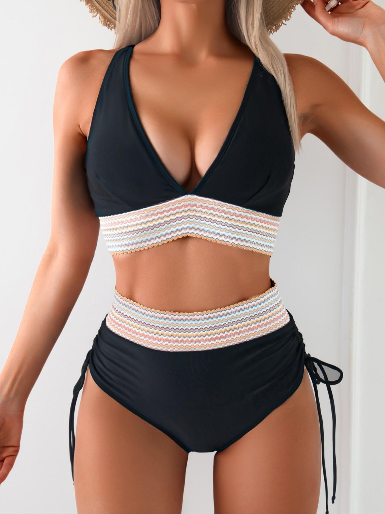 Two-piece Set Women's Colorblock  Bikini Set, Casual Fashion Chic Swim Top & Swim Bottom  Set for Beach Holiday Vacation, Ladies Swimwear for All Seasons, Sea Fancy Swimsuits