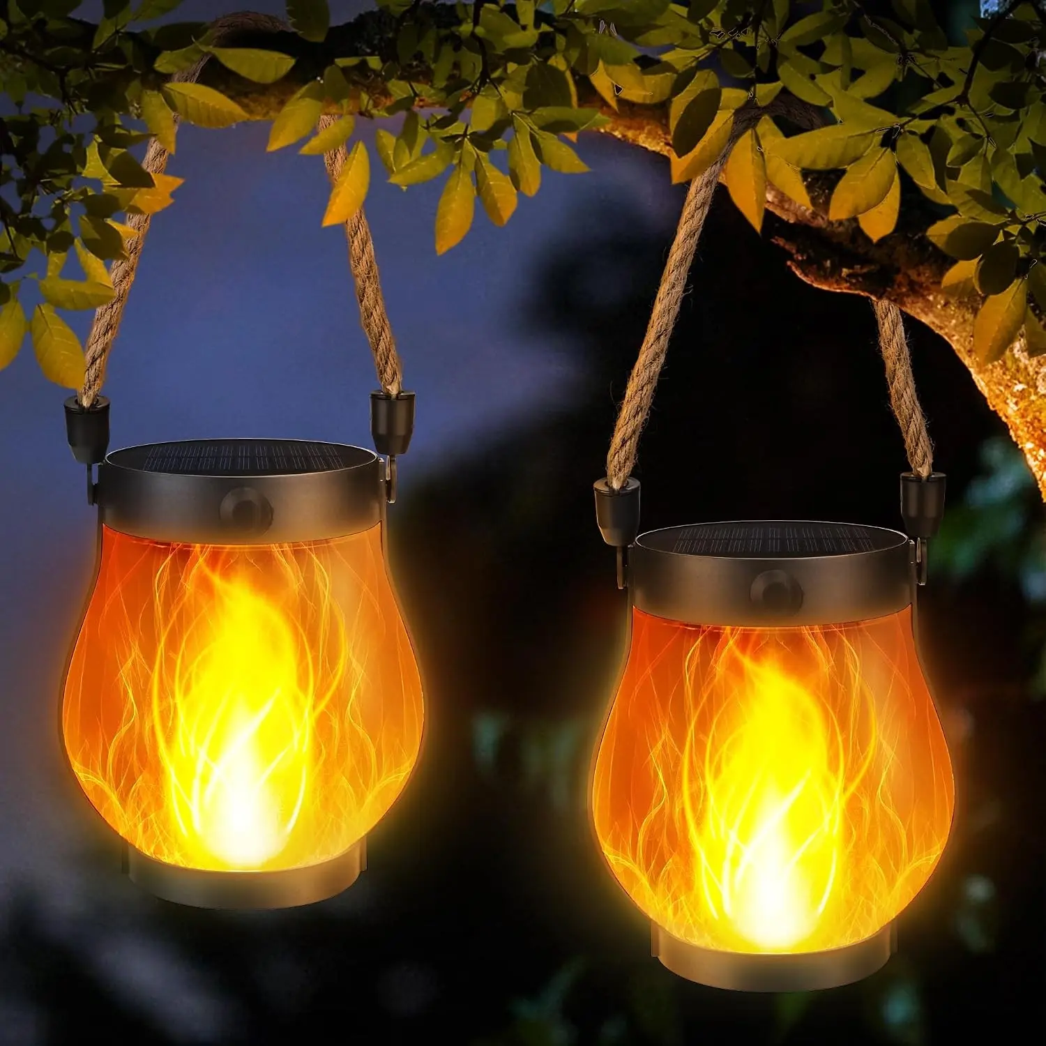 2 Pack Gen2 Solar Garden Lantern Lights with USB Ultra-Real Flame, Warm White - Outdoor Waterproof Hanging Lantern with Solar & USB-C Dual Charging, 2 Modes for Patio Yard HomeGift