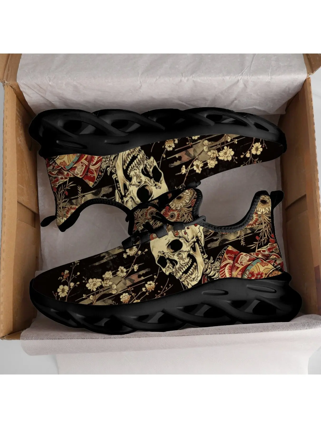 Vintage Oriental Floral Skull Blade Sneakers White Hollow Wave Sole Mesh Running Shoes Retro Ukiyo-E Style Skeleton Chrysanthemum Floral Print Gothic Street Casual Athletic Trainers For Men Women
