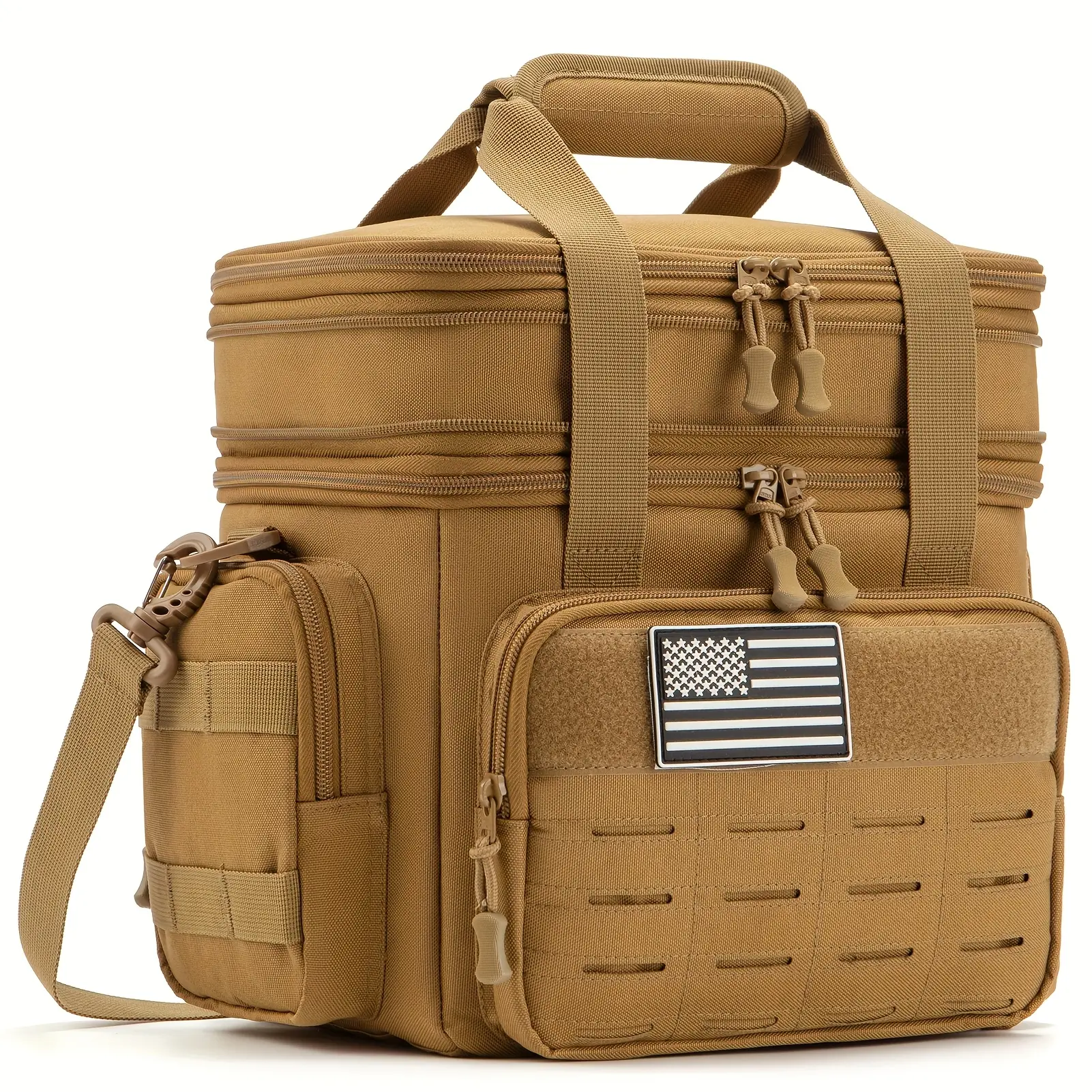 Khaki Tactical Lunch Box for Men Expandable Heavy Duty Insulated Cooler Bag, Leakproof Thermal Lunch Bag for Work Camping Outdoor Picnic Pail Adult Meal MOLLE Webbing