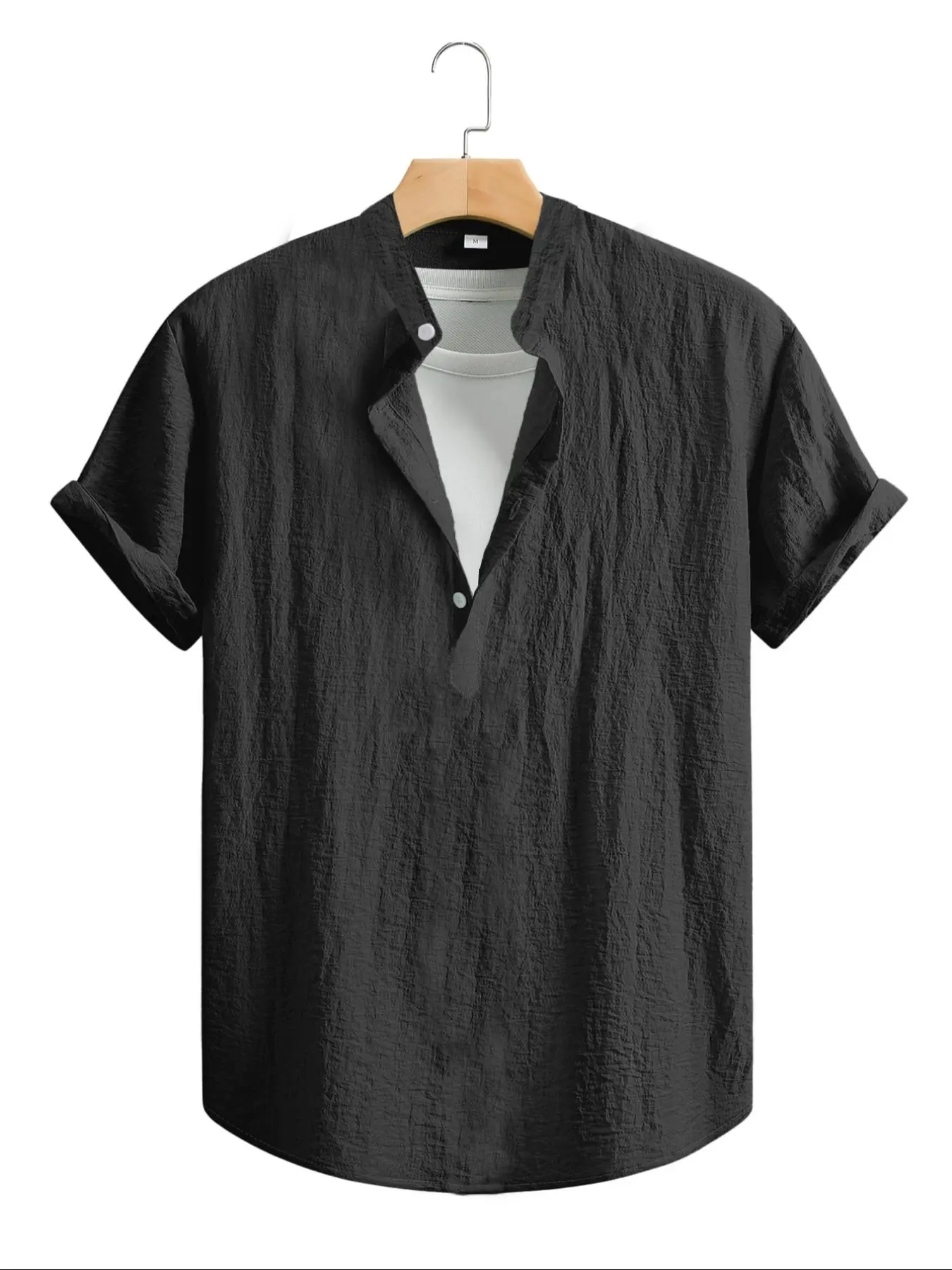 Men's Solid Color Plain Button Henley Neck Shirt, Regular Fit Casual Short Sleeve Top for Summer, Men's Clothes for Daily Wear, Tropical