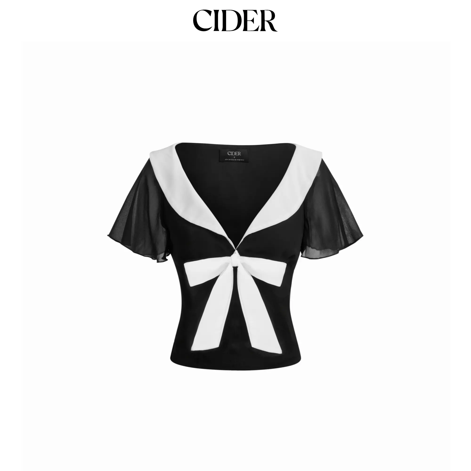 Cider Chiffon Colorblock Collar Ruffle Sleeve Ruched Bowknot Blouse Top Fitted