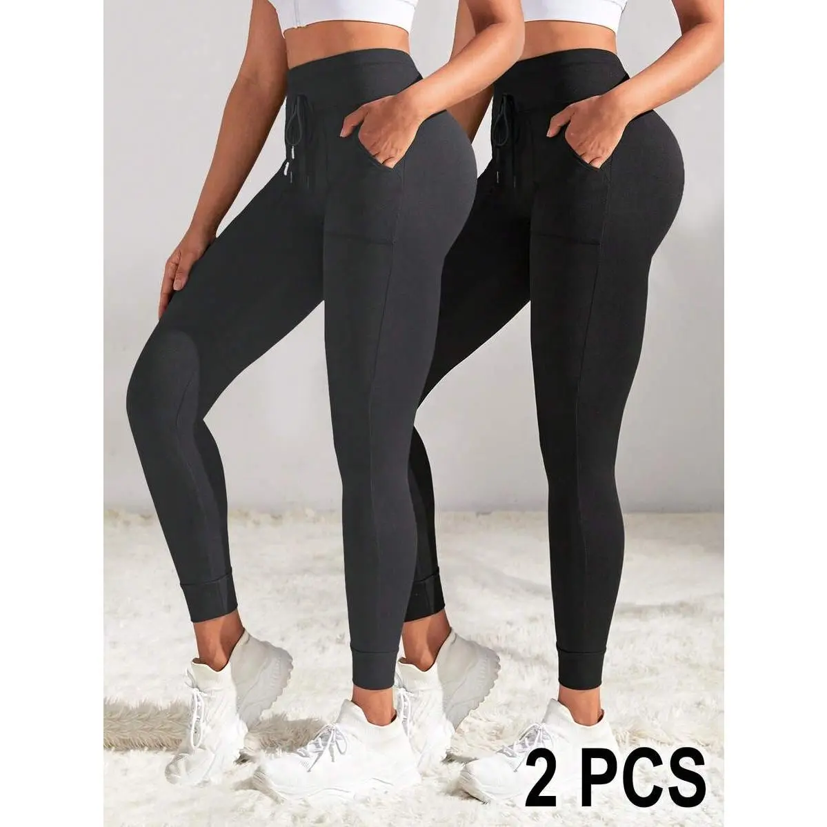 2pcs Women Drawstring Waist Joggers,Fitted Hiking Leggings With Pockets & Tapered Cuffs Gym,Running,Cycling,Yoga,Pickleball,Workout & Daily Wear,High-Waist,Leopard,Print,V,Back,Flare,Flared,tummy,control,bootcut