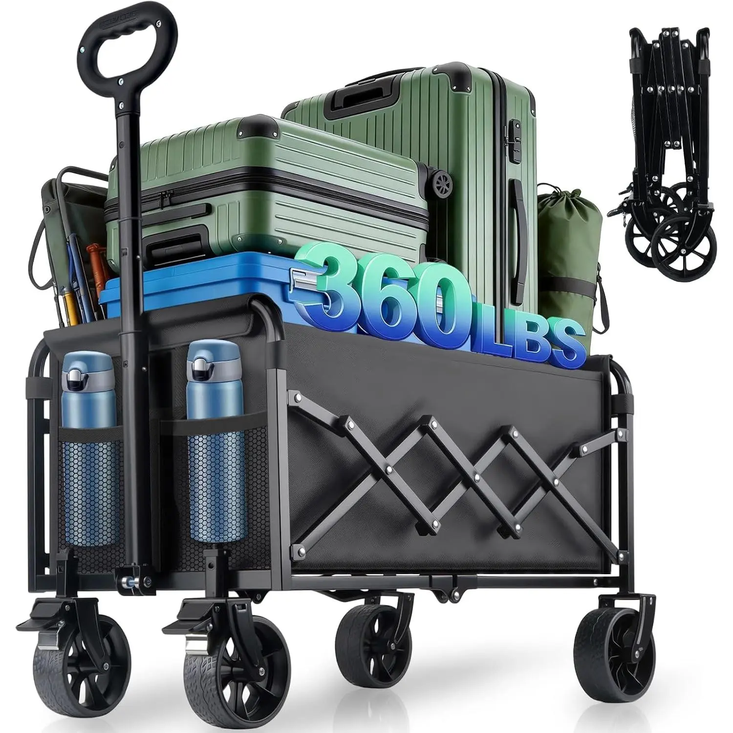 Collapsible Wagon Cart Foldable with Breakes - 360 LBS Heavy Duty Folding Grocery Cart with All Terrain Wheels & Brakes, for Shopping, Beach, Camping, Sports, Garden & Fishing