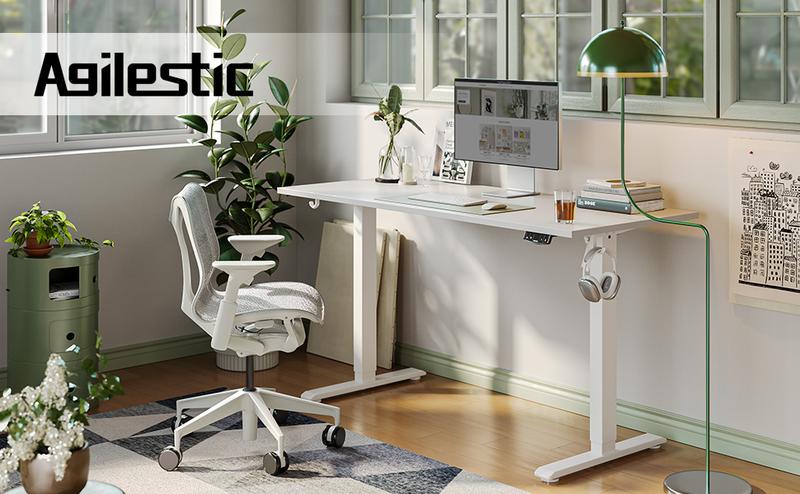 Agilestic 47.2 Inch Electric Height Adjustable Standing Desk, Ergonomic Home Office Desk with Memory Preset, Sit to Stand Computer Desk with Hooks