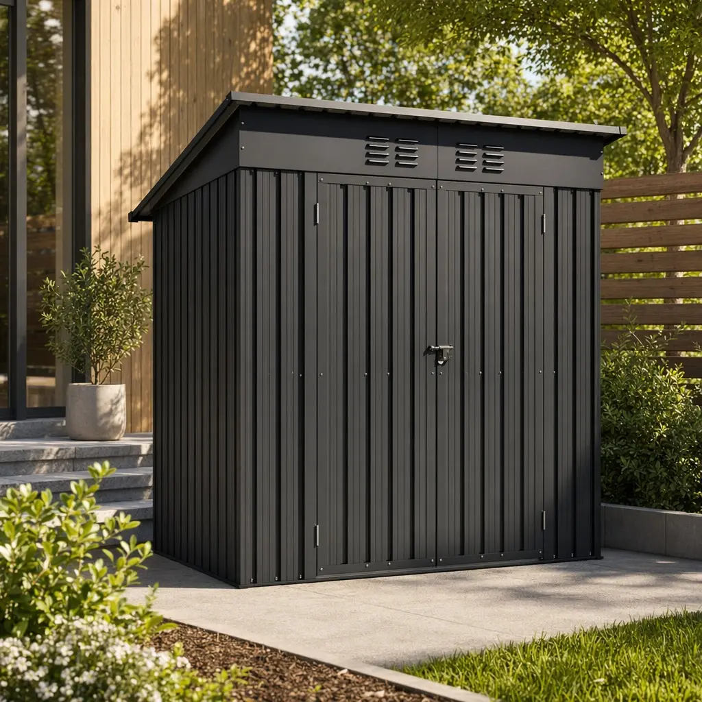 ARCH 6x4 ft Galvanized Steel Garden Shed, Heavy Duty Metal Storage Shed with Double Hinged Door, Padlock, and Punched Vents, All-Weather Weatherproof Design for Backyard, Tool Storage, Pet House, Black, 66.9" L X 47.5" W