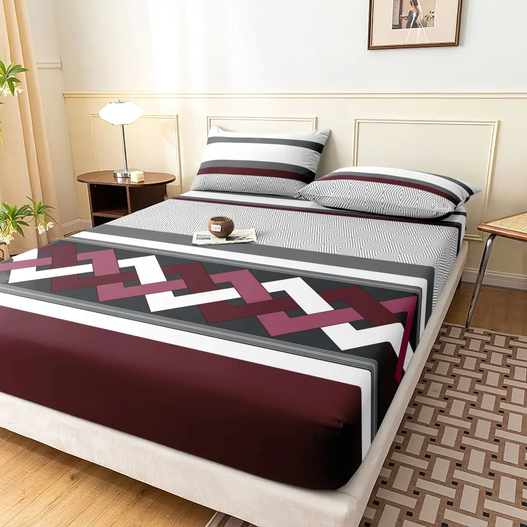 Burgundy 3-Piece Bedding Set - Classic Durable Geometric Modern Design, Romantic Simple Elegant Elastic Fabric, No-Iron Needed, 360-Degree Coverage chocolate brown olive green various color paisley fluffy quilt checkered bet linen duvet twin comforter ult