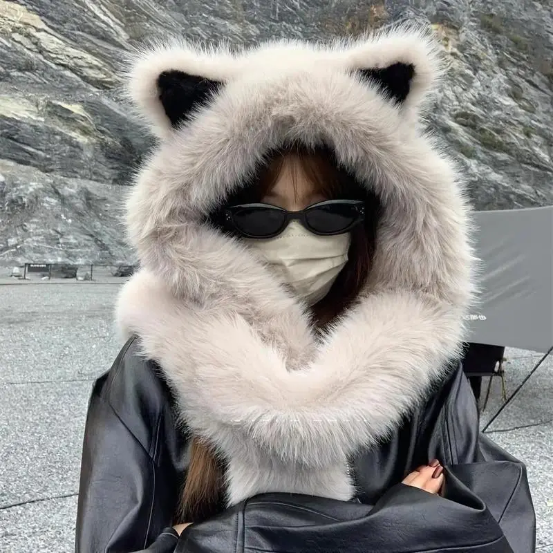 2026 NEW Winter Velvet Cat Ear Hat with Scarf  Soft Faux Fur Knit Beanie for Men & Women  Warm & Lightweight Fashion Hat with Toggle Closure for Cold Weather Adventures, Unisex Cold Weather Accessory