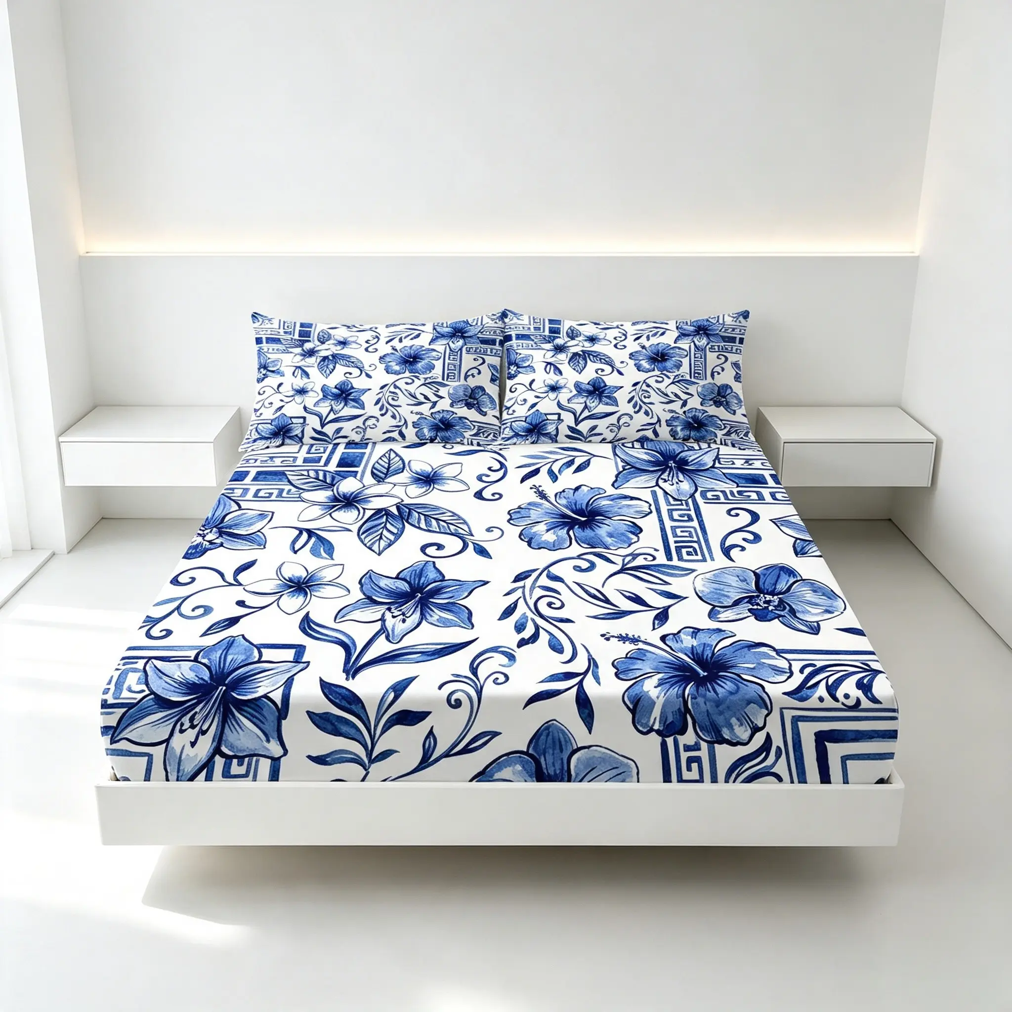 3pcs Ink Blue Floral Bed Sheet Set, Vintage Porcelain Style Tropical Flowers, 1 Mattress Cover and 2 Pillowcases, Bedroom Dormitory Protector