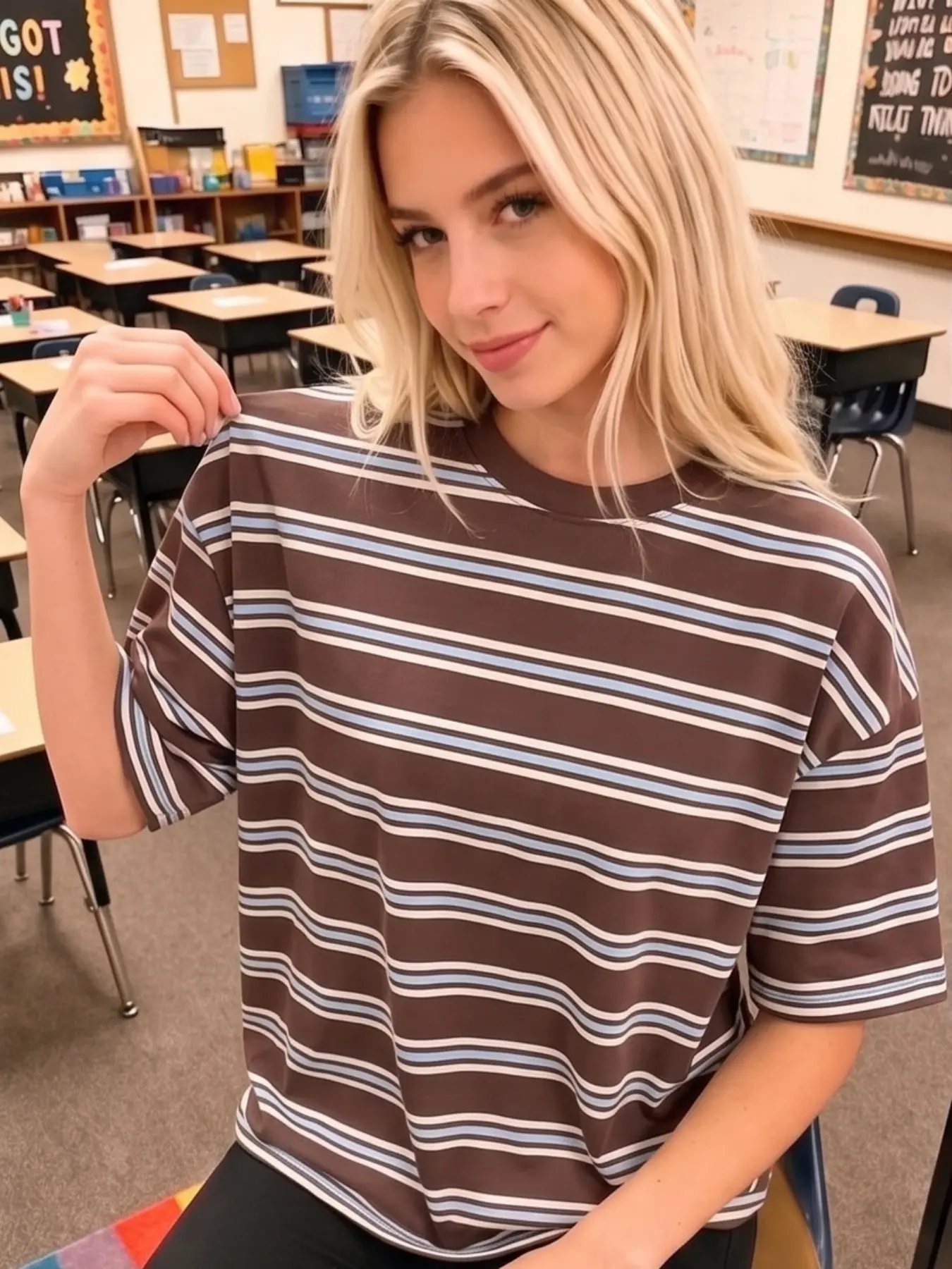 Viral TikTok Crew Neck Retro Striped Short Sleeve T-Shirt - Soft Breathable High Elastic Casual Tee, Oversized Loose Streetwear, 4-Way Stretch Non-Fade Brown Stripe Top, Daily Basic Blouse
