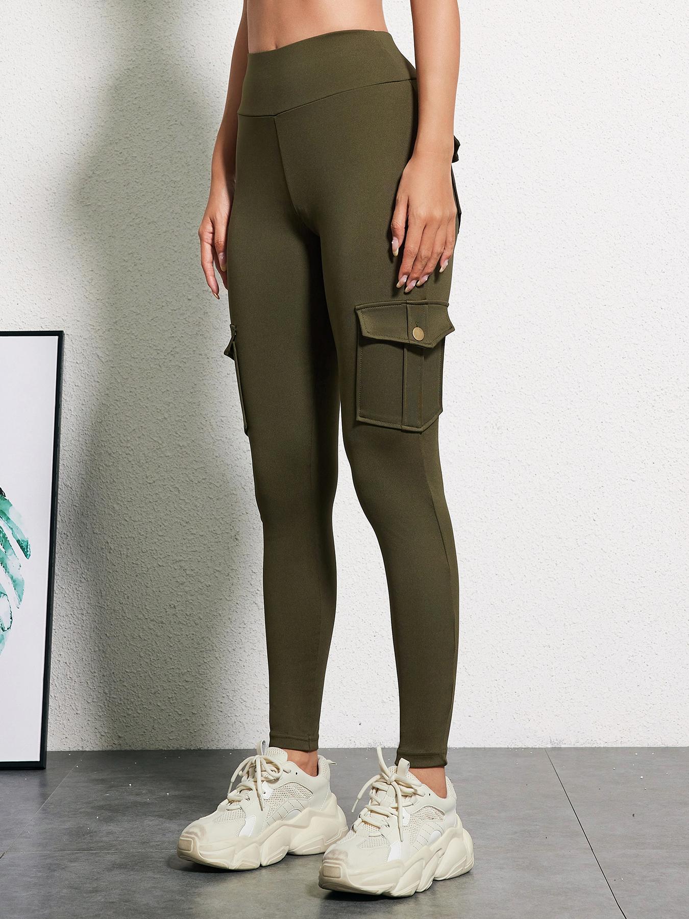 Women's Solid Stretchy High Waist Side Pocket Sports Leggings, Casual Comfy Breathable Skinny Pants for Yoga Gym Workout, Ladies Sportswear for All Seasons, Sporty Leggings, Athleisure Style Bottoms