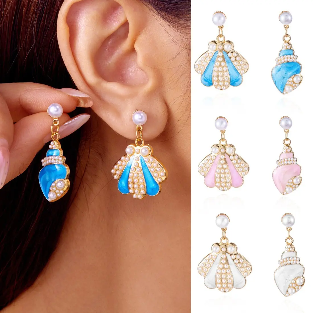 Women’s Ocean Inspired Stud Earrings, Trendy Pearl Conch Shell Asymmetrical Drop Earrings, Boho Beach Fashion Jewelry, Elegant Coastal Statement Earrings, Lightweight Summer Accessories for Vacation, Party, Daily Wear, Gift for Her