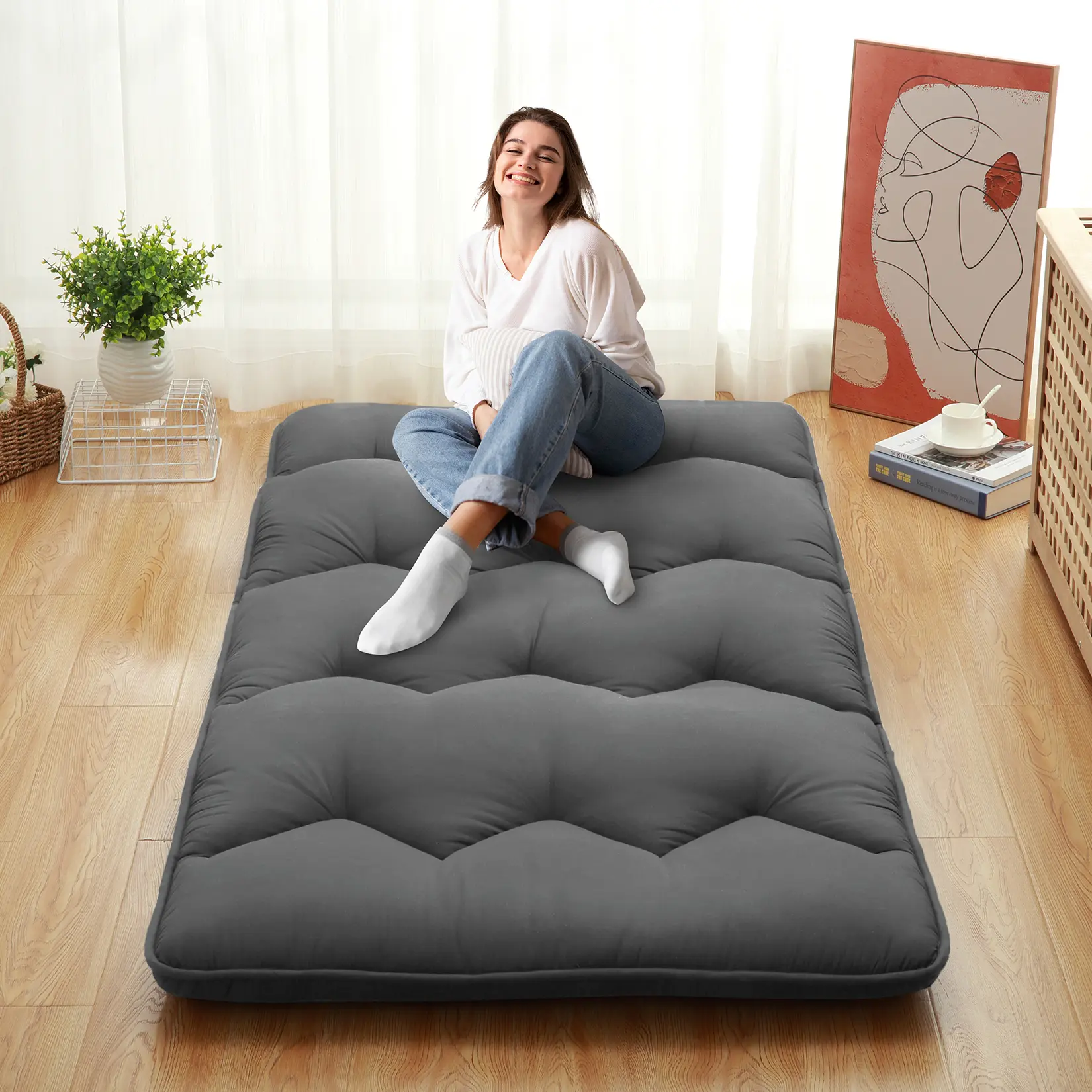 3 Inch Thick Japanese Floor Futon Mattress Only, Collapsible Tatami Mat for Bedroom, Sofa, Dorm, Camping, Yoga and Meditation, Comfortable Portable Daybed for Relaxation and Sleep, Twin, Full Sizes, Grey or Black