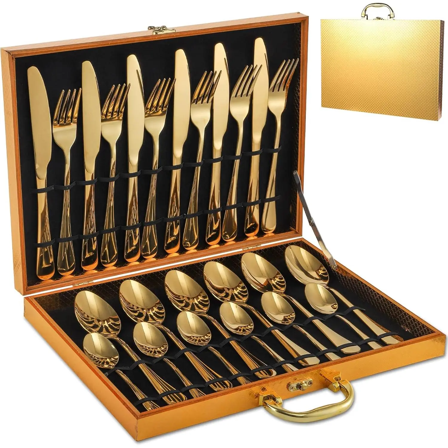 24 count  Silverware Set, Flatware Forks and Spoons, Stainless Steel  Plated Cutlery Utensils with Storage Case for Wedding Festival Easter Party Dinner Table, Service of 6