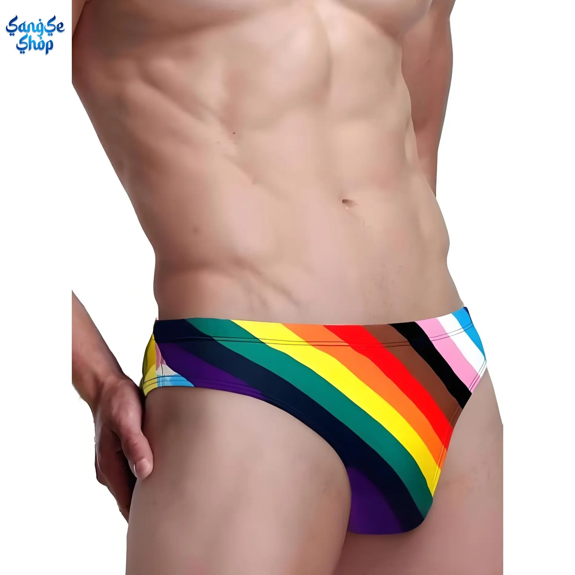 Men's Sexy Rainbow Stripe Swim Briefs, Tight Fit Quick-Dry Polyester Blend with Elastic Stretch and Drawstring for Beach & Pool, Beach Sports, Male Wear, Stripe Pattern