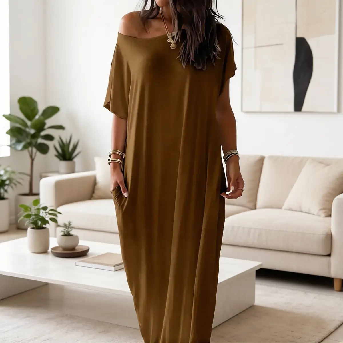 Women Off Shoulder Solid Maxi Dress, Short Sleeve Loose Casual Long Dress with Pockets, Breathable Summer Lounge Dress