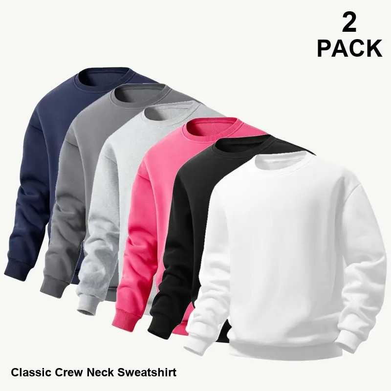 2-Pack Same Solid Color Men's Crewneck Sweatshirts, Relaxed Everyday Layering, Ribbed Finish, Casual Streetwear Multipack for Work Travel and Daily Outfits - BW029 Option 1