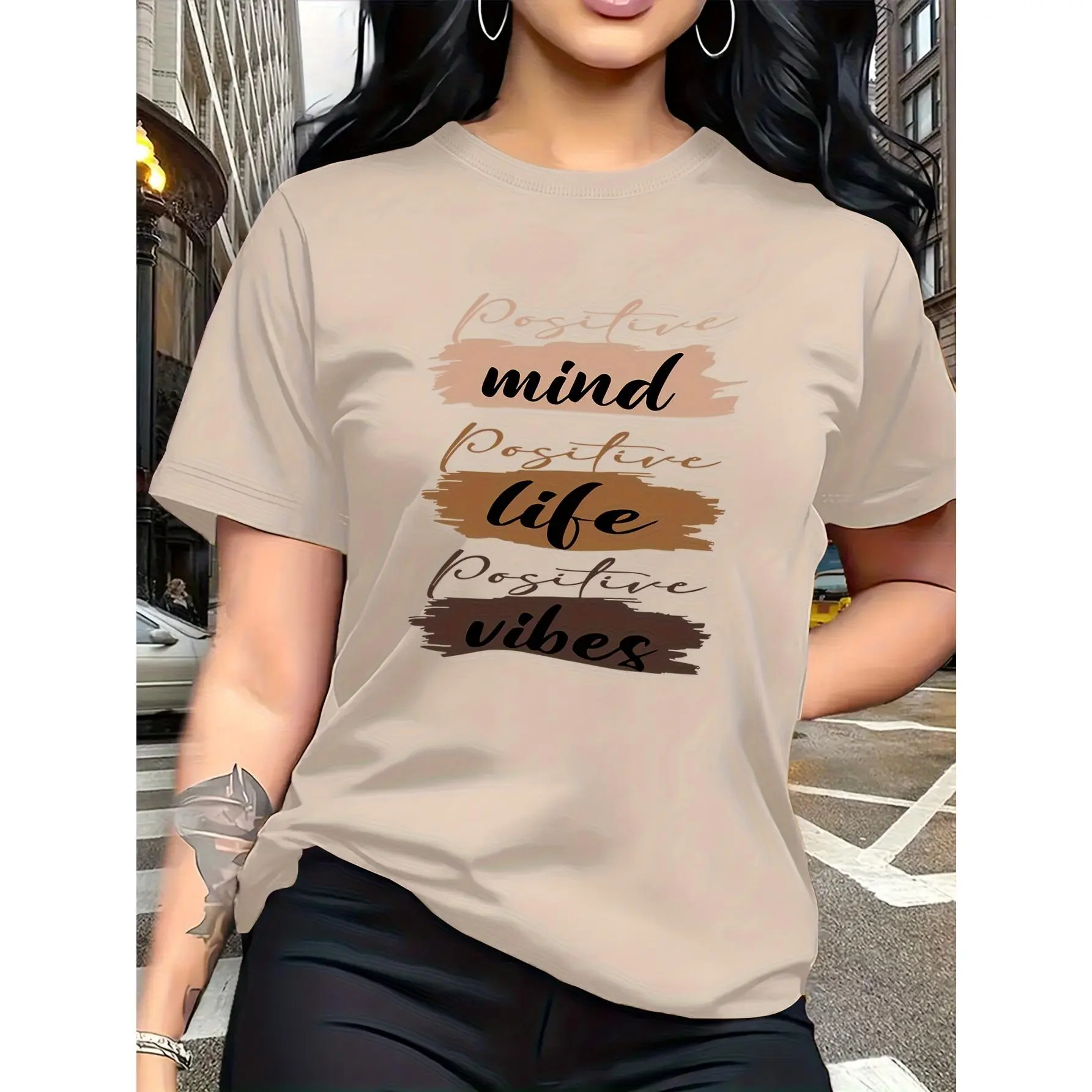 Women's Positive Affirmation T-Shirt Compatible for Positive Mind/Positive Life/Positive Vibes Print - Short Sleeve Round Neck Casual Blouse, Medium-Stretch Fabric, All-Season Comfortable Casual Attire & Vacation Outfits