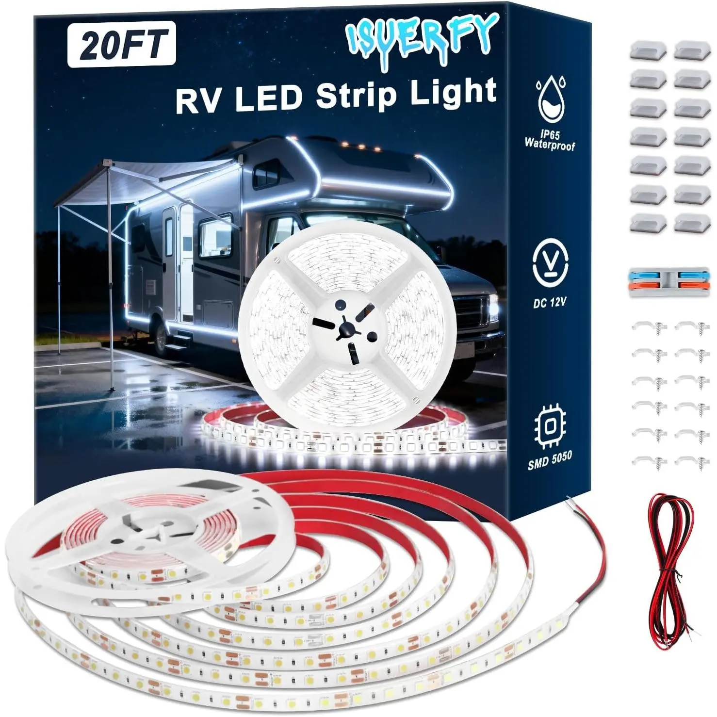 12V 20FT RV Awning LED Lights - IP65 Waterproof Exterior Underglow Light for Motorhome Travel Trailer Concession Stands Food Trucks, Daylight White Camper LightingGift