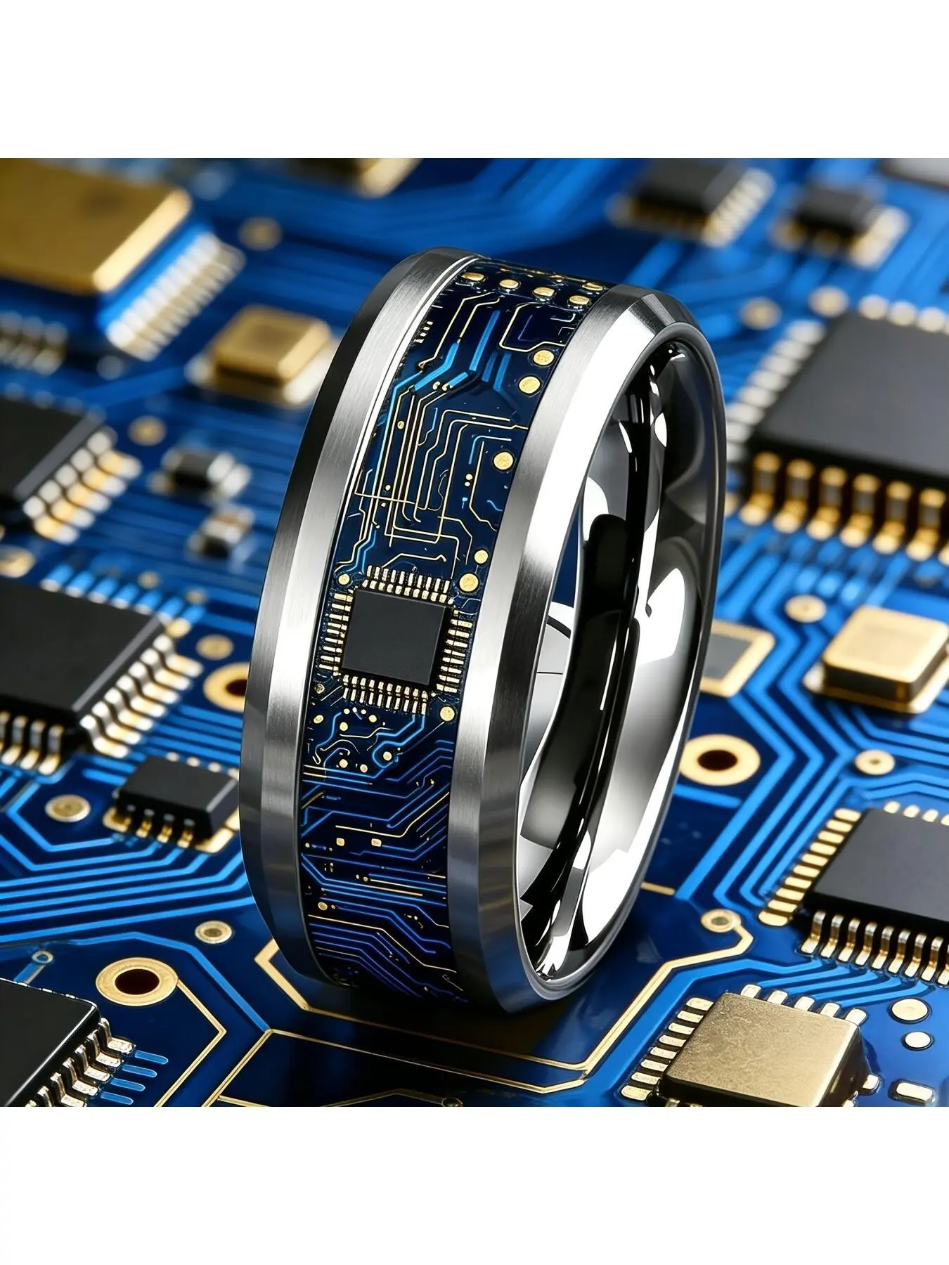 Unisex Cyberpunk Circuit Chip Ring, Stainless Steel, Blue Gold CPU Board Pattern, Polished Hypoallergenic Non-fading Jewelry