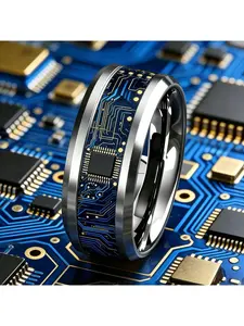 Unisex Cyberpunk Circuit Chip Ring, Stainless Steel, Blue Gold CPU Board Pattern, Polished Hypoallergenic Non-fading Jewelry