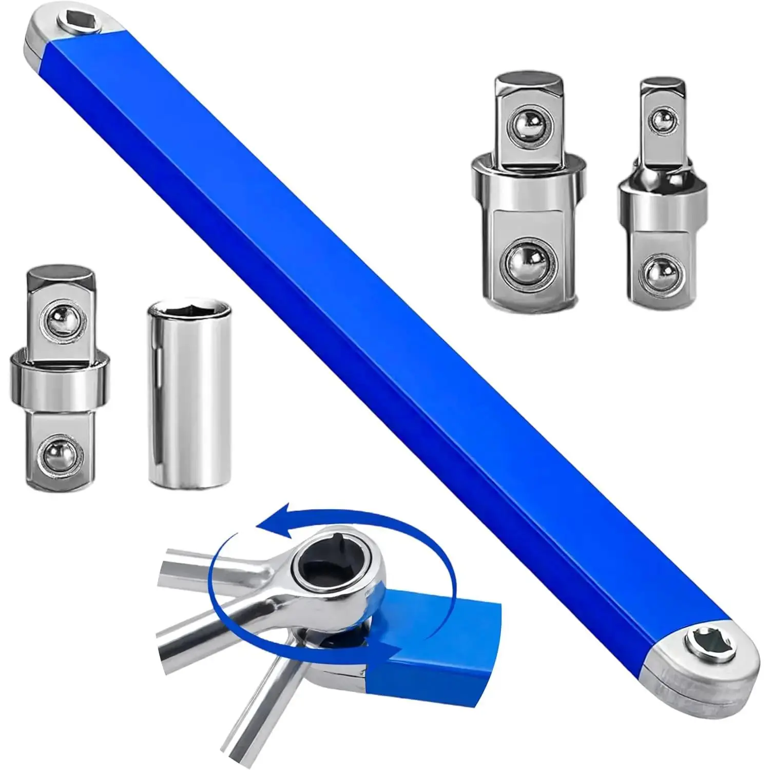 Offset Extension Wrench, Upgraded Impact Ready Extension Wrench Set, with 4pcs 1/2", 1/4" and 3/8" Square Drive Adapters, 15" Socket Wrench Tool, Universal Extensions Wrench for Hard-to-reach Place, SummerVibes fathersdaygift
