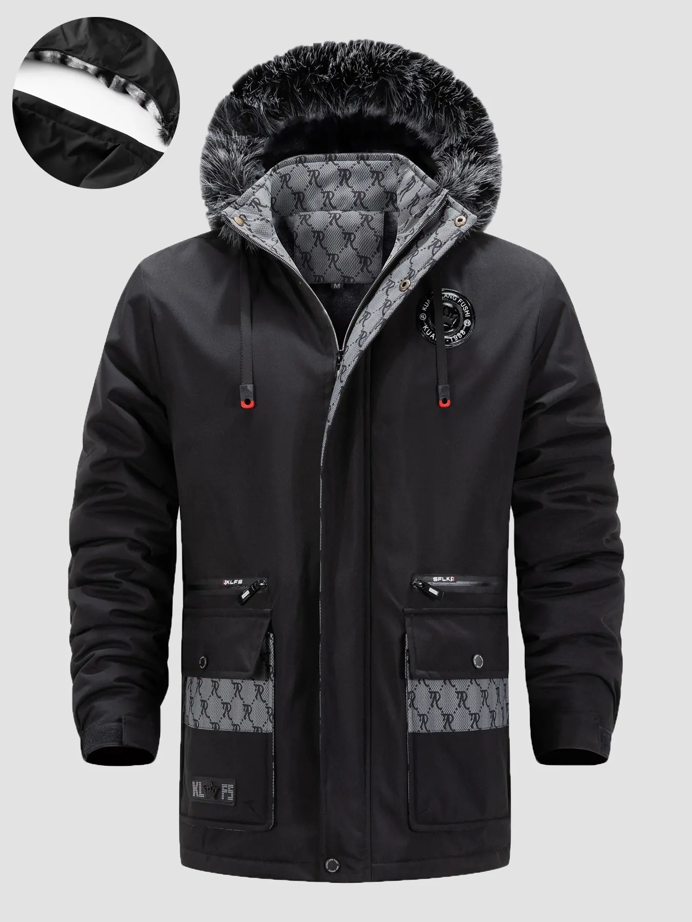 Men's Winter Parka Jacket, Detachable Fur Collar Hat, Thick Warm Coat, Plaid Patchwork, Multiple Pockets, Windproof and Cold-Resistant