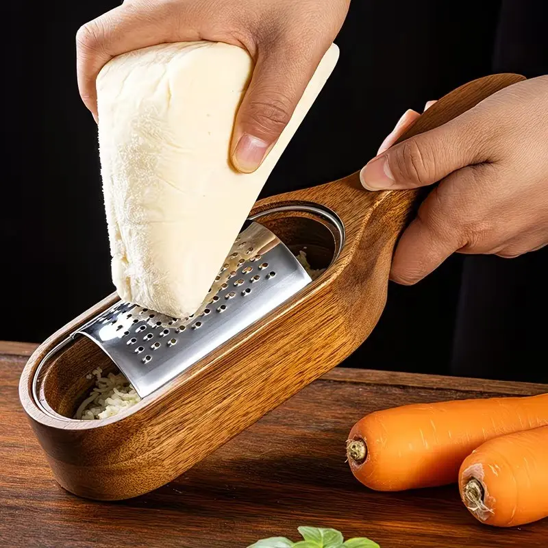 Multi-Purpose Grater with Stainless Steel Blades, Acacia Wood Storage Box, Cheese Ginger Shredder Slicer, Kitchen Organizer for Baking Cooking