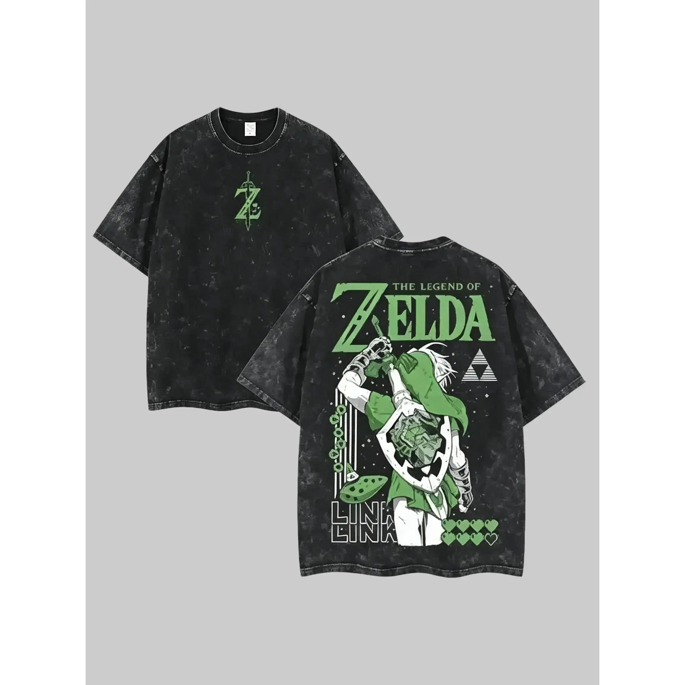 Vintage Washed The Legend of Zelda Link Graphic Tee Oversized Y2K Harajuku Streetwear Anime T Shirt Retro Acid Wash Zelda Triforce Sword Print Short Sleeve Top For Men Anime Fan Gift